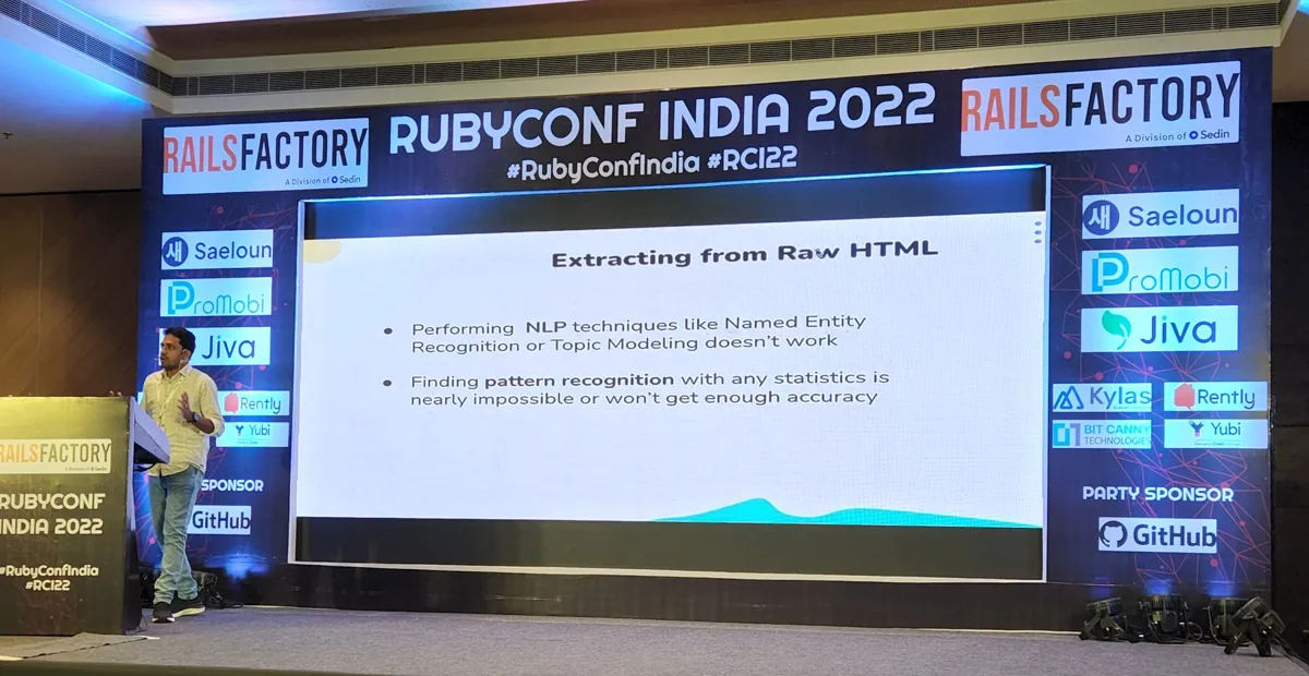 Navarasu presenting on the RubyConf India 2022 stage